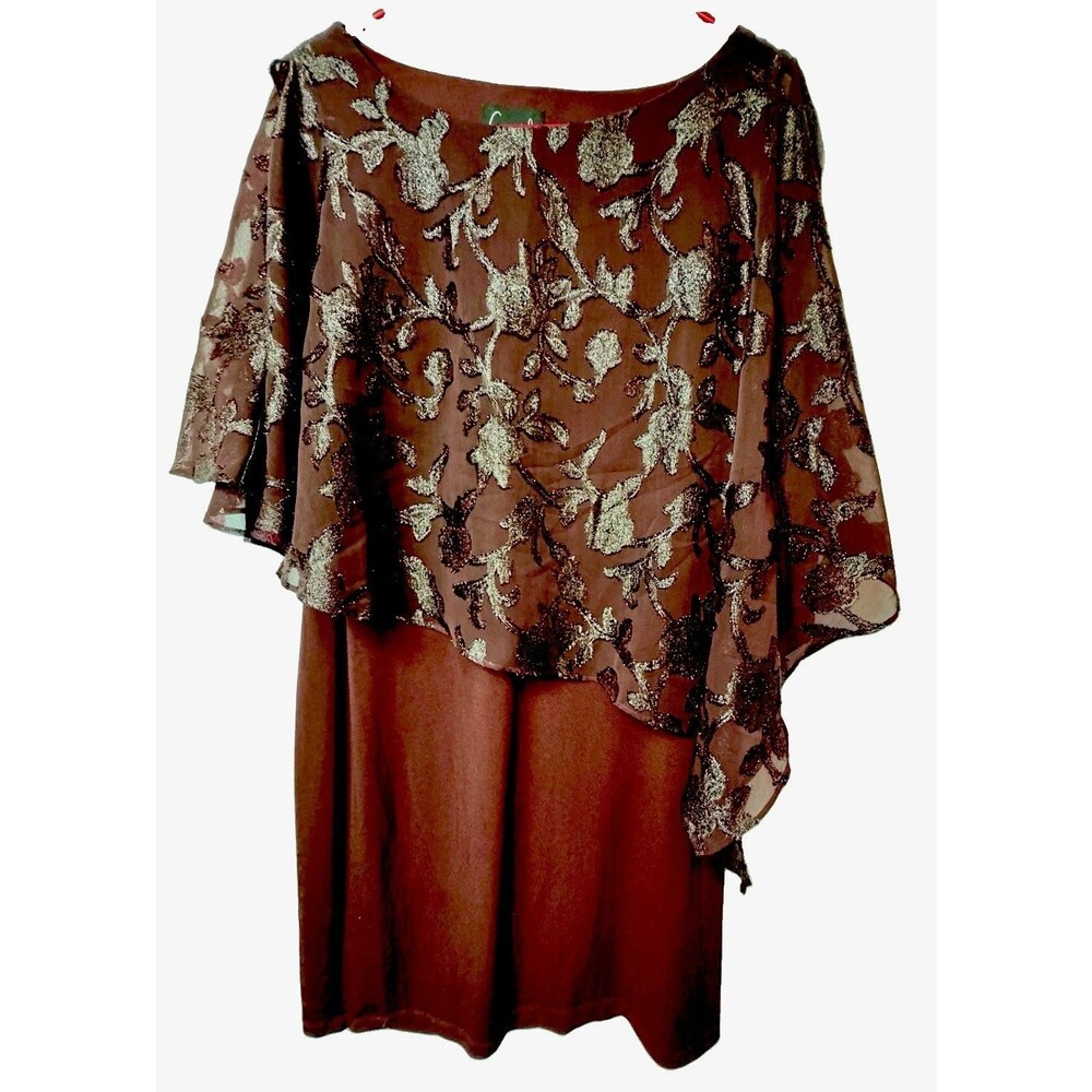 Connected Apparel Maroon Sheath Dress Chiffon Overlay Glitter Floral 3/4 10